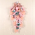 Pink Christmas teardrop swag with blue ornaments and 'Just for you' ribbon bow - Pink and Blue Hand-painted Ornaments Teardrop Tree (No Lights)