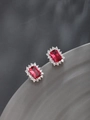 Detail of elegant red rectangle zircon earrings with white crystal halo border - 1.1x0.9cm / White Gold Plated - Rose Red