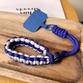 Adjustable blue and beige braided wrist strap for phone with universal tether tab - Short [Dark Blue & White] Adjustable Braided Lanyard + Dark Blue Patch
