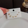 Three-pair gold earring set with butterflies and zircon studs on S925 silver posts - K004 Real Gold Plating (Butterfly/Bow/Single Diamond)