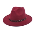 Detail of burgundy wool fedora featuring a black leather band with silver rivet studs - Burgundy