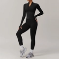 Women's black two-piece yoga set with slim-fit zip jacket and high-waisted leggings - Premium Black (Zip Jacket + Leggings)