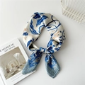 Silk twilly scarf with blue vintage floral print and decorative foliage patterns - 70cm / Geometric Star Edge Blue Leaf