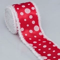 Close-up of red and white polka dot linen ribbon with fuzzy plush wired edges for Christmas decor - Red White Polka Dot Plush Edge (Style 3)