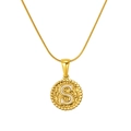 Golden necklace with round hammered pendant featuring a white-filled letter S and bead edge - Gold-Letter S (Snake Chain)