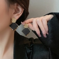 925 silver needle geometric earrings with gold woven discs and black square drops - Woven Texture Gold Edge Black Square Style (A21)