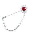 Silver sunflower stick pin brooch with a large red crystal and elegant hanging chain - Red (Silver Base)