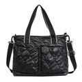 Black quilted space cotton crossbody bag with striped handles and adjustable strap - Double Pocket Style / Black