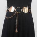 Bohemian gold metal waist chain with circular discs, long fringe, and rose charm - Round Disc Tassel Rose Style (K0313B)