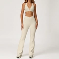 Women's cream white yoga set featuring V-neck sports bra and high-waist flare leggings - 2044 Bra + 2030-2 Flared Pants - Oatmeal Beige