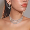 Luxury silver flower necklace and earring set with shimmering pavé crystal rhinestones - Pave Fan-Shaped Tassel Style (DTN5506034S)