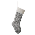 Grey knitted Christmas stocking with white tassels and cable knit pattern on white backdrop - Silver Gray with Ivory White