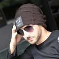 Men's winter knit beanie in dark brown with thick fleece lining and decorative patch - M (56-58cm) / NC Brown