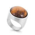 Chunky stainless steel ring in silver finish featuring a round tiger eye stone inlay - Silver Base Brown Yellow Tiger Eye (KR47951-K)