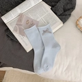 Light blue cotton mid-calf socks featuring a delicate grey bow and rolled-edge cuff detail - One Size / Light Blue with Grey Bow