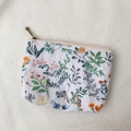 Mini floral printed fabric wallet with zipper featuring green leaves and pink flower pattern - White Leaf