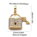 Detail of gold-plated copper lock pendant with crystal inlay and key, 28mm height - Lock and Key