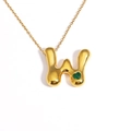 18k gold plated bubble necklace with letter W pendant and green heart gemstone - Letter W