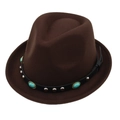 Retro dark brown wool felt fedora with turquoise leather band from a 45-degree angle view - M Adult One Size (56-58cm) / Coffee
