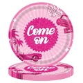 Macro detail of pink retro party paper plates with disco ball and vintage patterns - 7 Inch Plate / 20 Pieces Set
