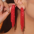 Sparkling red rhinestone long tassel drop earrings with premium crystal fringe design - 3D Style / Electrophoretic Red