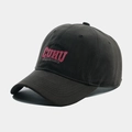 Detailed view of pink letter embroidery on black cotton twill baseball cap fabric - Gray