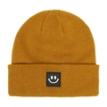 Detail of knit mustard yellow beanie featuring a square black smiley face patch design - Size S (0-2Y) / Caramel color