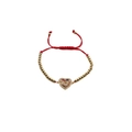Detail showing red woven rope bracelet with gold beads and heart-shaped colorful zircon - Red Braided Rope With Copper Beads