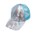 Detail of tie-dye ponytail baseball cap featuring breathable light blue mesh and curved brim - Adjustable / Tie-Dye Lake Blue