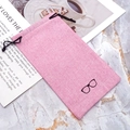 Pink linen drawstring pouch with glasses icon for sunglasses storage - Pink
