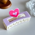 Purple and cream square claw clip with dual pink hearts for hair styling - Purple