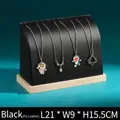 Black PU leather curved necklace display stand with solid wood base and dimension labels - PU Leather/Solid Wood / Black (PU Leather)