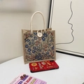 Sac en lin avec motif floral vintage et poignées en corde blanche pour femmes - Floral Bleu