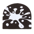 Detail of knit beanie with black and white abstract splatter pattern and fine texture - M (56-58cm) / Coffee
