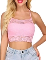 Pink floral lace halter crop top with eyelash lace trim and matching inner lining - S / Pink