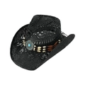 Hollow straw cowboy hat in black with bohemian turquoise beads and a wide curved brim - One Size(58cm) / Ethnic Beaded Style / Black Hollow Grid Style