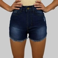 Close-up of high-waist dark blue denim shorts with distressed frayed hem and whiskering - S / Dark Blue