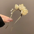 Horquilla de magnolia blanca tradicional con perlas y acabado dorado para estilo Hanfu - Horquilla en U de magnolia