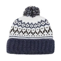 Detailed knit texture of Fair Isle beanie with a mixed color pom-pom and ribbed cuff - M (56-58cm) / Navy Blue