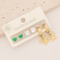 Detailed set of stainless steel earrings featuring heart, butterfly and zircon studs - Green Heart Butterfly Style (2#)