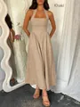 Sleeveless khaki halter maxi dress featuring high waist and pleated linen texture - S / Khaki