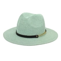 Detail of mint green straw fedora hat featuring a black band with gold chain and studs - M (56-58cm) / Mint Green