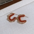 Vintage gold C-shape hoop earrings featuring twisted texture and brown plush velvet detail - Gold Wave Frame Brown Plush Yarn Earrings (87#)