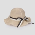 Elegant summer straw sun hat for women with wavy brim and striped bow decoration - M (56-58cm) / Beige