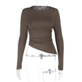 Detail of long sleeve slim top featuring brown asymmetric hem and side ruching texture - S / Brown