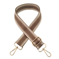 Close-up of woven brown and beige herringbone bag strap with gold metal hardware adjusters - Gold Buckle / Dark Khaki