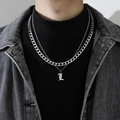 Double-layer silver stainless steel Cuban chain necklace with letter L pendant for men - Letter L (Double Chain + Pendant)