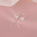 Elegant silver bow earrings with spiral pendants on soft pink satin background - Butterfly Bow Spiral Pendant (A65)