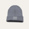 Detalle de gorro de punto azul gris con bordado blanco DOG MOM y huella de perro - Talla única / Gris