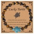 Tiger eye beaded turtle bracelet with blue turquoise charm on brown gift card - Tiger's Eye